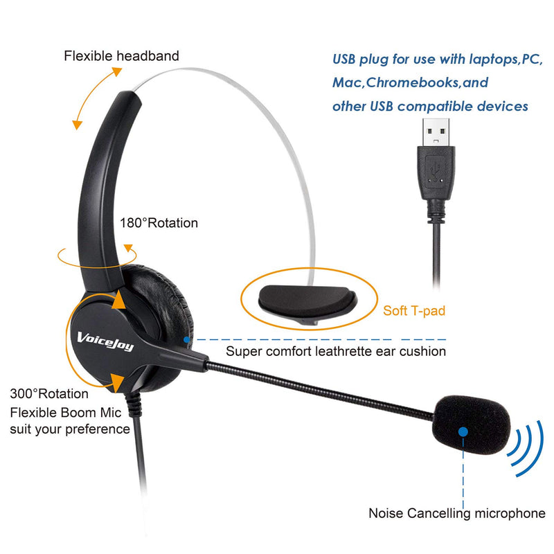 [Australia - AusPower] - VoiceJoy USB Plug Corded Headphone Call Center Comfort Noise Cancelling Headset with Adjustable Mic, Mute Volume Control for Calls on Laptops PCs Computers 