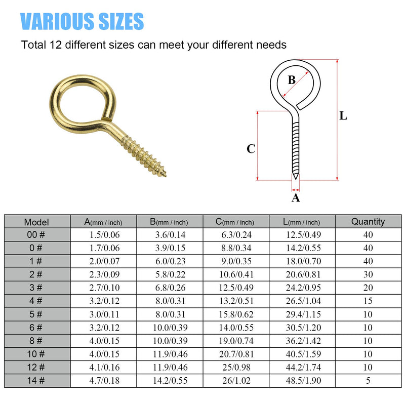 [Australia - AusPower] - DYWISHKEY 240PCS 12 Sizes Brass Plated Steel Eye Bolts Screw Eyes Assortment Kit 