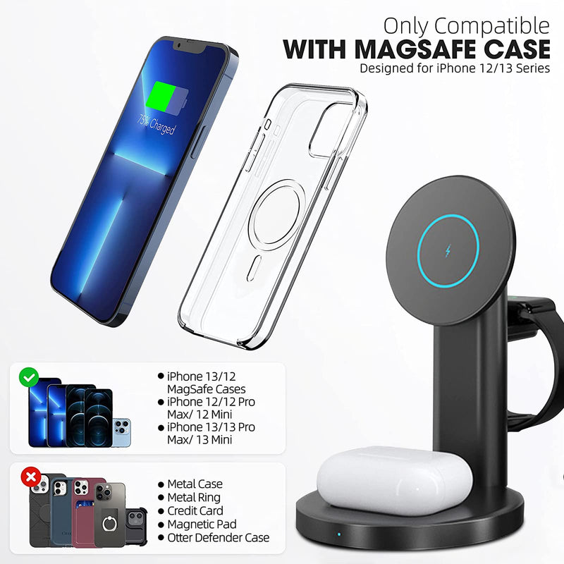[Australia - AusPower] - 【New Upgraded】 3 in 1 Magnetic Wireless Charger Fast Charging Station Dock Compatible with iPhone 13 series/12/12Pro/12Pro Max/12Mini, iWatch 6/SE/5/4/3/2, AirPods 2/Pro(Black) 