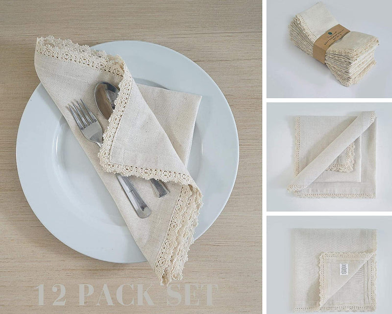 [Australia - AusPower] - Dinner Cloth Napkins in Cotton Linen Fabric, 12 Pk, 12X12 INCH, White, Premium Quality, Mitered Corners for Every Day Use Napkins are Pre Shrunk and Good Absorbency Lace Ivory 12X12 