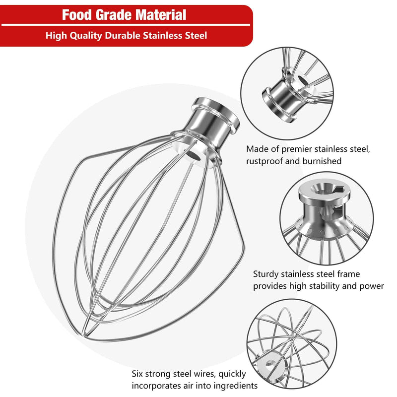 [Australia - AusPower] - KN256 Stainless Steel 6-Wire Whip Attachment for KitchenAid Bowl-Lift Mixer 6 Quart Bowl, Stainless Steel Whisk Replacement for Kitchen Aid Mixer, Dishwasher Safe, Egg Heavy Cream Beater. KN256 