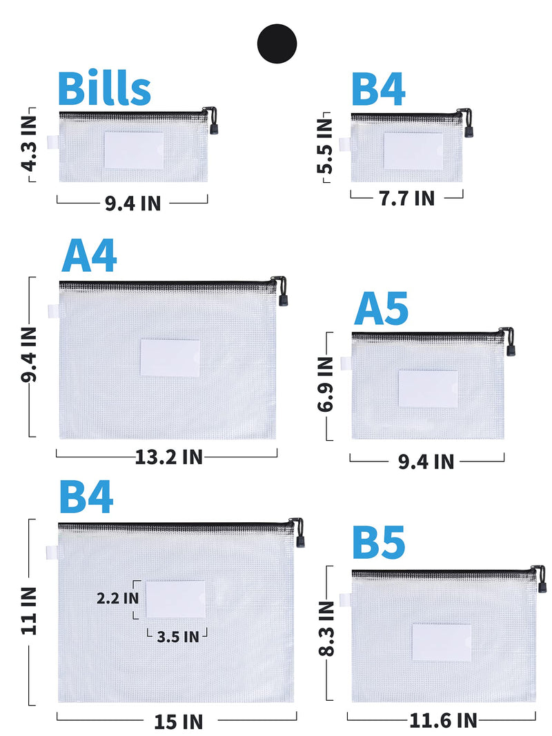 [Australia - AusPower] - JARLINK 14 Pack 6 Sizes Zipper Mesh Pouch, Waterproof Zipper File Bags Document Pouch Multipurpose Travel Bags for Office Supplies Cosmetics Travel Accessories, Black 