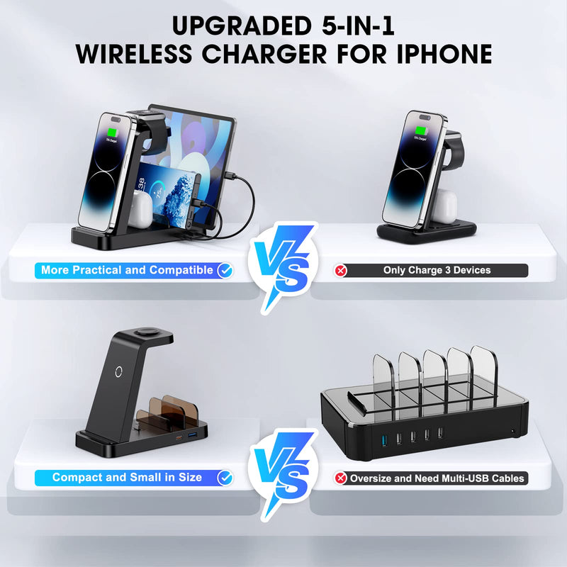 [Australia - AusPower] - Wireless Charger for iPhone - 5 in 1 Charging Station for Multiple Devices Apple: Fast Wireless Charging Stand Dock for iPhone 14 13 12 Pro Max Apple Watch Airpods 