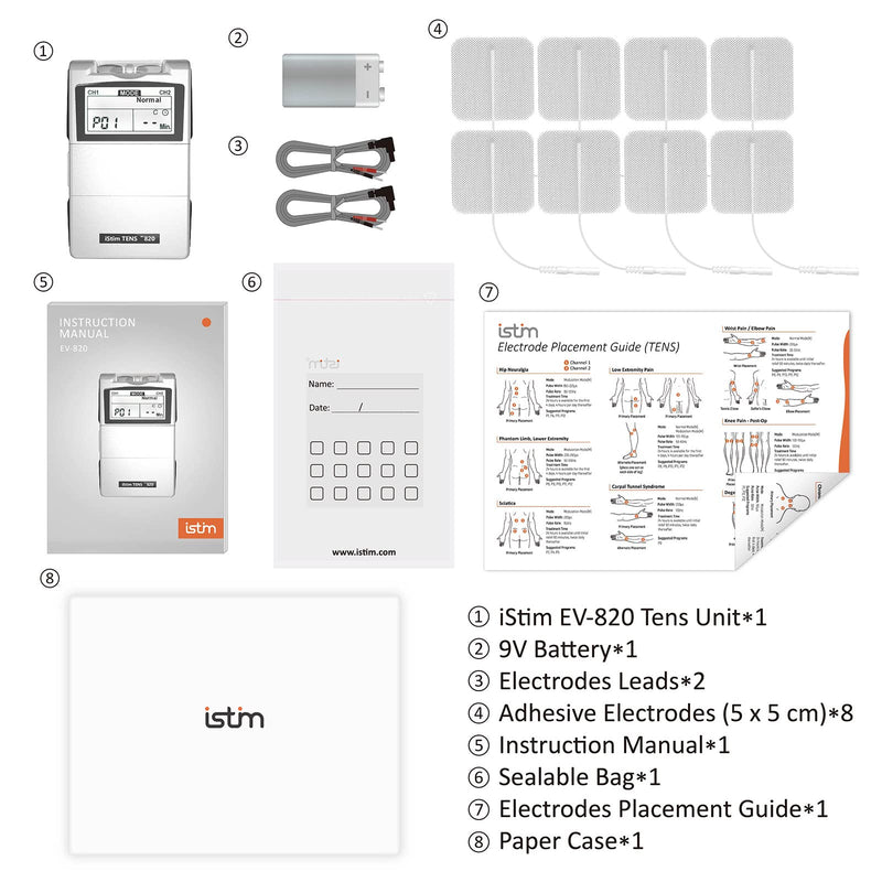 [Australia - AusPower] - iStim Tens Unit Stimulator Machine - EV820 with 8 Electrodes Japanese Gel for Pain Management, Back Pain and Rehabilitation 