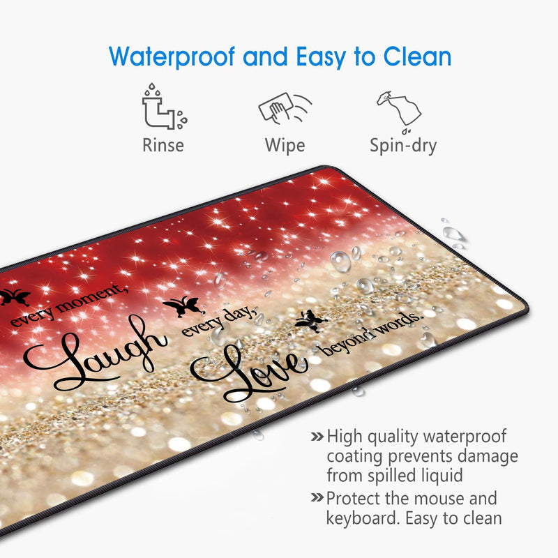 [Australia - AusPower] - Desk Pad Gaming Mouse Pads with Coasters,31.5"x 11.8" Large Non-Slip Rubber Base Mousepad with Stitched Edges for Office & Home,Red Glitter Quote Live Every Moment, Laugh Every Day, Love Beyond Words 