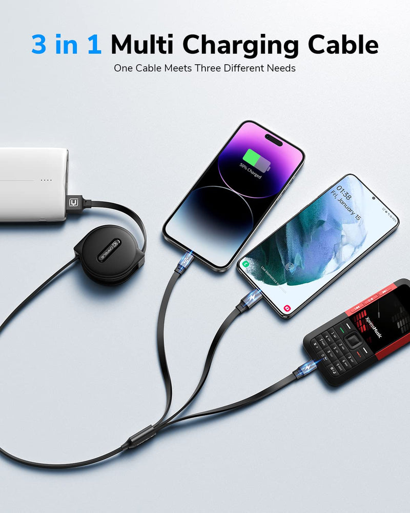 [Australia - AusPower] - CAFELE Multi Charging Cable [Portable Charging] 3 in 1 Retractable Charging Cable with Type C/Micro USB/IP, Multiple Phone Charger Cord for Phone 14 13 12 11, Samsung S23 S22 S21 S20 (4ft) Black 
