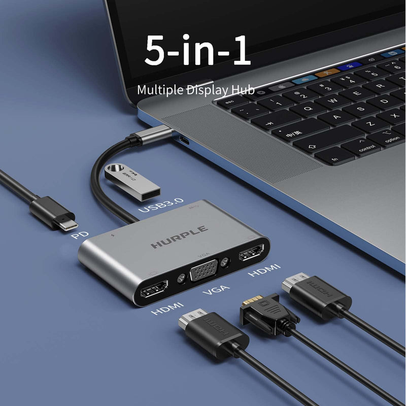 [Australia - AusPower] - USB C Hub, 5 in 1 Dual HDMI Adapter, Docking Station Dual Monitor with 2*HDMI 4K, VGA, USB 3.0, 100W PD, Hurple Dual Monitor Adapter for MacBook Pro Air, ChromeBook and More, Compact Design 