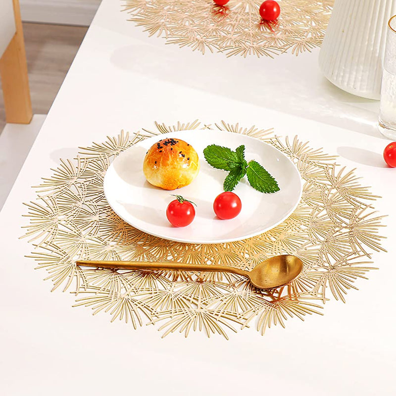 [Australia - AusPower] - Round Gold Placemats Set of 6- Elegant Tablemats-Dandelion Flower Shape Placemats Vinyl Place Mats for Kitchen Dining Table Holiday Wedding Decorative 