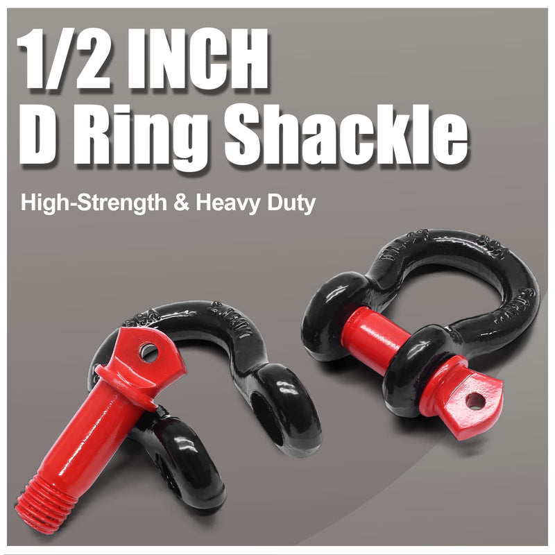 [Australia - AusPower] - Luomorgo 2 Pcs D Ring Shackles 1/2 Inch, 2 Ton (4,409 Lbs) Capacity, Heavy Duty Bow Shackle, Screw Pin Clevis Shackles Rugged 8 Ton (17,636 lbs) Maximum Break Strength Black, Red 