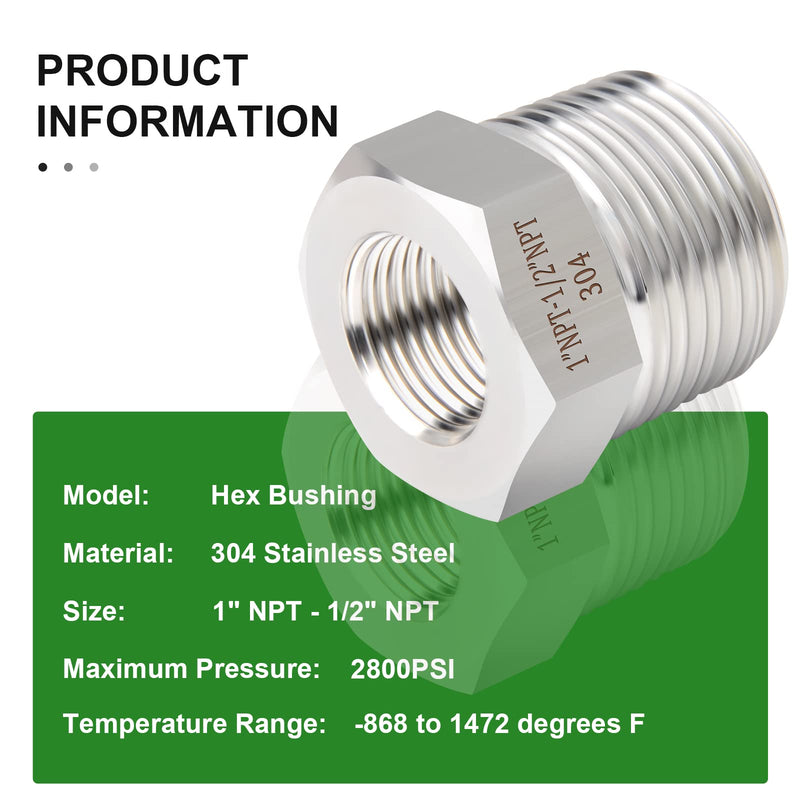 [Australia - AusPower] - TAISHER 2PCS Forging of 304 Stainless Steel Reducer Hex Bushing, 1" Male NPT to 1/2" Female NPT, Reducing Cast Pipe Adapter Fitting 1" MNPT x 1/2" FNPT 2 