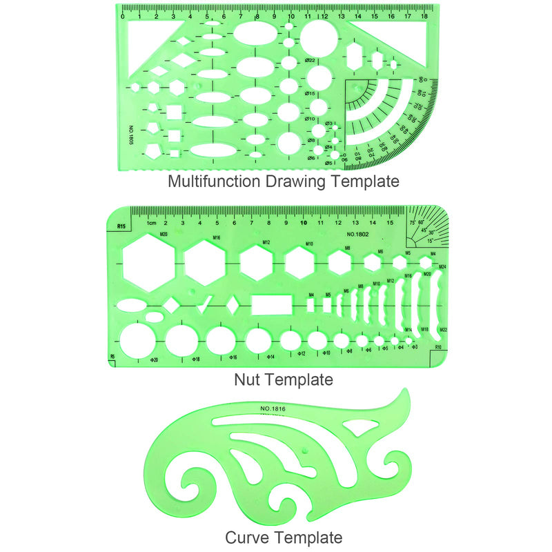 [Australia - AusPower] - 11PCS Geometric Drawings Templates, Drafting Stencils Measuring Tools, BetyBedy Plastic Clear Green Ruler Shapes with a Zipper Bags for Architecture, Office, Studying, Designing and Building 