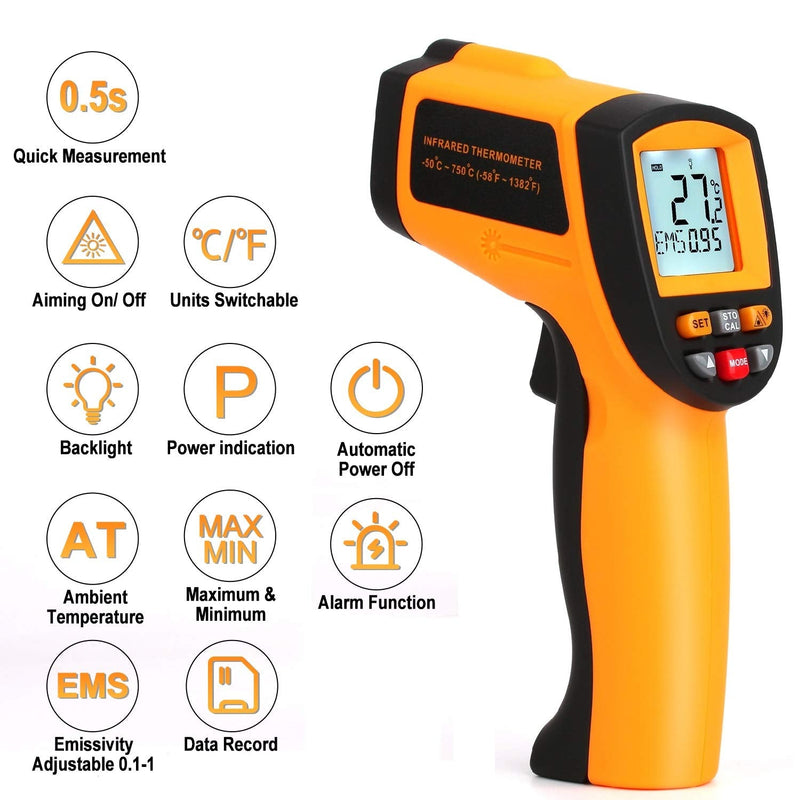 [Australia - AusPower] - Industrial Infrared Thermometer (Not for Human)-58°F to 1382°F, Non-Contact Laser Temperature Gun with Alarm& Data Saving, Temperature Thermometer Measuring Gun for Kitchen Cooking, BBQ, Ovens 