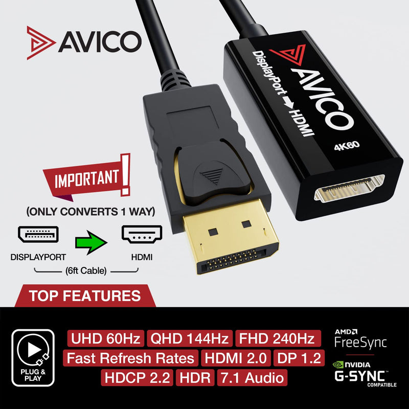 [Australia - AusPower] - Avico DisplayPort 1.2 to HDMI 2.0 Adapter – 4K 60hz HDR – 2K 144hz – 1080P 240hz – 6ft Cable – for Monitors, TVs, PCs, MacBooks, Projectors 