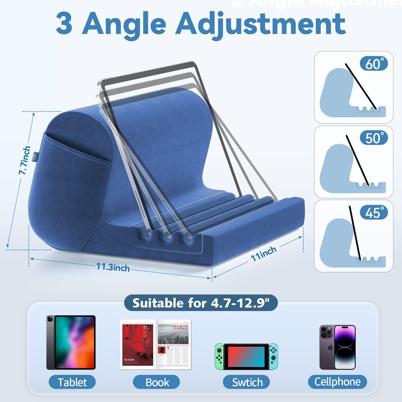 [Australia - AusPower] - Tablet Pillow Holder, KDD Pillow Soft Pad for Lap, Bed and Desk Tablet Stand Dock with 2 Pocket and 3 Stylus Mount Compatible with iPad Pro 9.7, 10.5,12.9 Air Mini 5 4 3 2, Galaxy Tab, E-Reader (Blue) Blue 