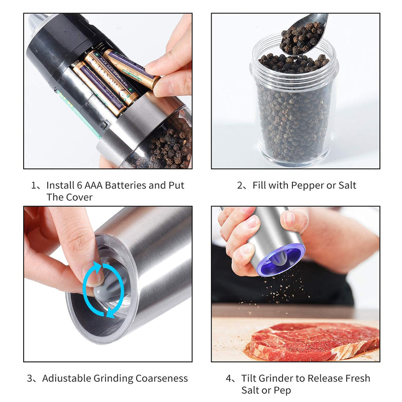 [Australia - AusPower] - Electric Gravity Pepper Grinder set of 2, Automatic Salt and Pepper Mill Grinder, Adjustable Roughness, Battery Powered, Blue LED Light, Stainless Steel with One Hand Operation (Sliver 2 pack) Silver 2X 
