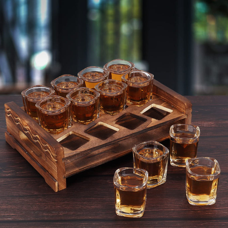 [Australia - AusPower] - Shot Glass Holder Set with 12 Clear Shot Glasses, Vivimee 2.3 oz Square Shot Glasses Set with Rustic Burnt Wood Serving Tray, Crystal Shot Glass for Whiskey, Tequila, Liqueurs, Party & Collection 