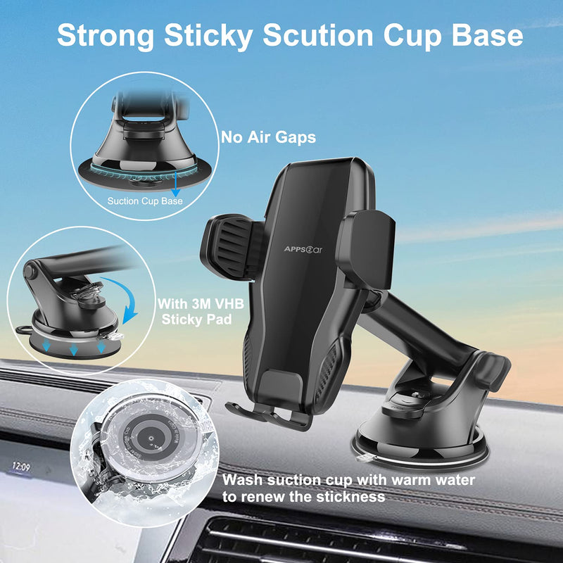 [Australia - AusPower] - Car Phone Holder Mount, APPS2Car Universal Dashboard Windshield Phone Mount for Car, Sturdy Suction Cup Phone Holder with Strong Sticky Gel, Compatible with iPhone, Samsung and All 4-7 inch Phones 