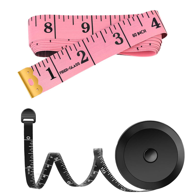 [Australia - AusPower] - 2 Pack Tape Measure Measuring Tape for Body Fabric Sewing Tailor Cloth Knitting Vinyl Home Craft Measurements, 60-Inch Soft Fashion Pink & Retractable Black Double Scales Rulers for Body Weight Loss Pink & Black 