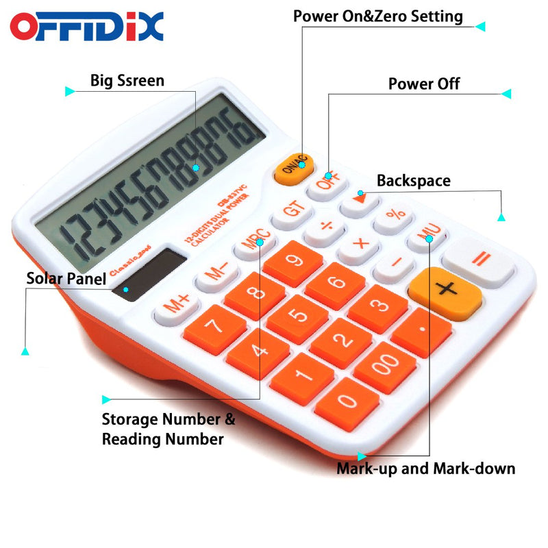 [Australia - AusPower] - OFFIDIX Office Desk Calculator 12 Digit Large LCD Display Calculator Office Desktop Calculator, Dual Power Electronic Calculator (Orange) Orange 