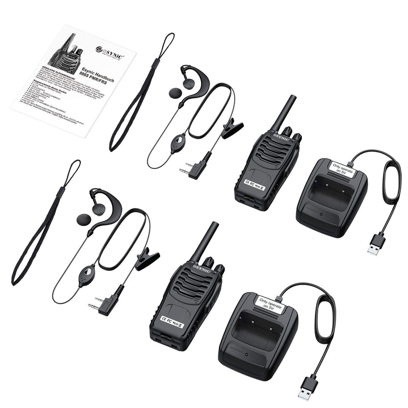 [Australia - AusPower] - eSynic Rechargeable Walkie Talkies with Earpieces 2pcs Long Range Two-Way Radios 16 Channel UHF USB Cable Charging Walky Talky Handheld Transceiver with Flashlight 