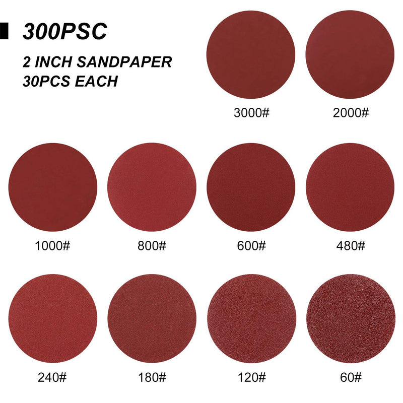 [Australia - AusPower] - HongWay 300pcs 2 Inches Sanding Discs Pad Kit for Drill Grinder Rotary Tools with Backer Plate Shank and Soft Foam Buffering Pad, Sandpapers Includes 60-3000 Grit 