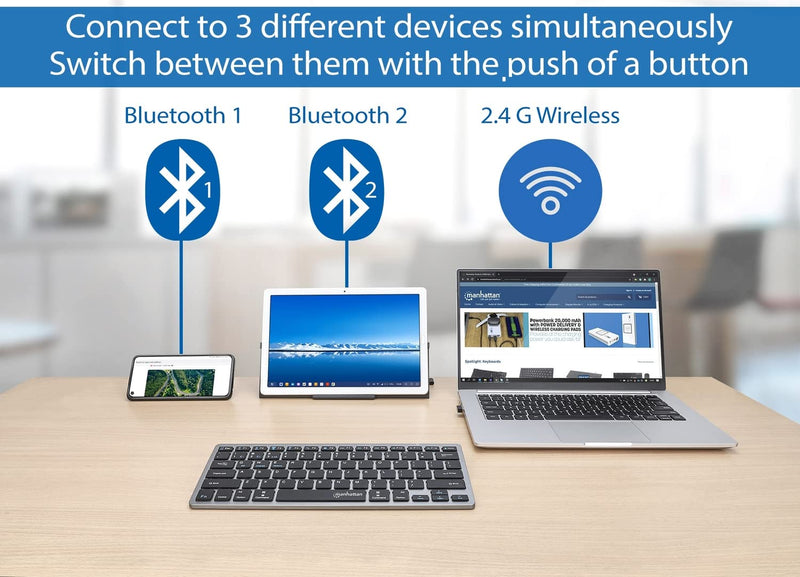 [Australia - AusPower] - Manhattan Small Bluetooth Wireless Keyboard - Dual Modes of 2.4G + Bluetooth 4.2 - Connects Up to 3 Devices – Slim Mini Size – for Tablet, Mac, iPad, Android, Windows –3 Yr Mfg Warranty –180559 