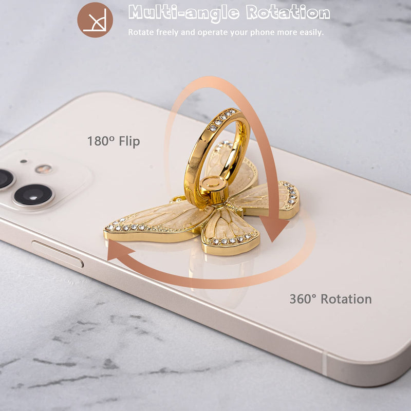 [Australia - AusPower] - Cell Phone Ring Holder Stand with Crystal Stone and Enamel Process, Butterfly 360° Rotation Finger Kickstand Metal Back Stand Hand Grip with Knob Loop Compatible with Smartphone (Gold Pearl White) 