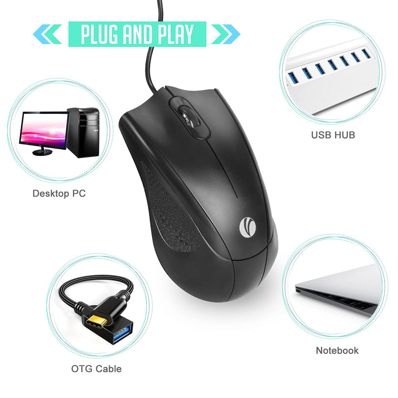 [Australia - AusPower] - VCOM Wired USB Mouse with 6-Foot Cord & 1200 DPI, Right or Left Hand Use for Work Study Home, 3-Button Ergonomic Optical Mouse Compatible with PC Laptops Desktop Computer Windows Vista Linux, Black 1-Pack 