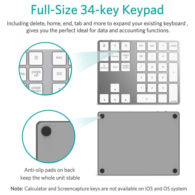 [Australia - AusPower] - Bluetooth Numeric Keypad, Rechargeable Aluminum 34-Key Number Pad Slim External Numpad Keyboard Data Entry Compatible for MacBook, MacBook Air/Pro, iMac Windows Laptop Surface Pro etc Silver 