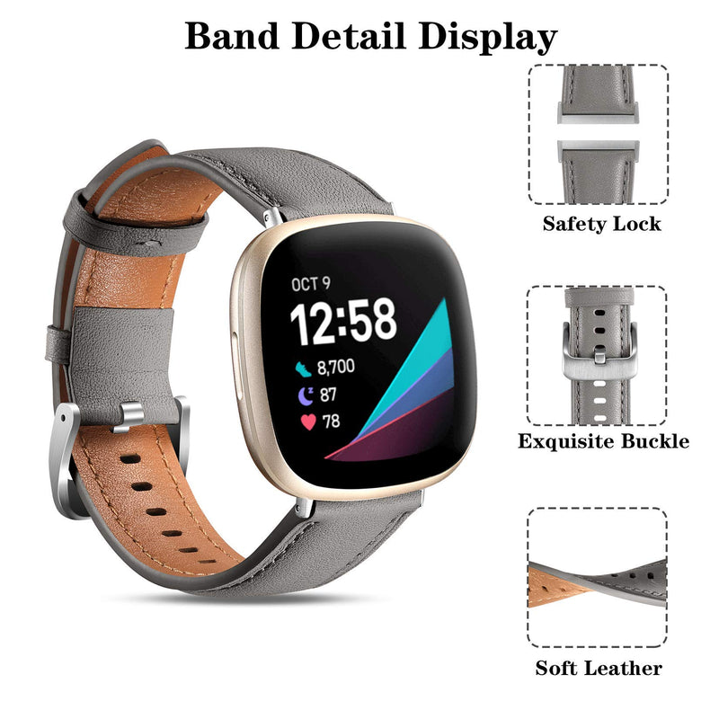 [Australia - AusPower] - Maledan Compatible with Fitbit Versa 3 and Fitbit Sense Bands for Women Men, Top Grain Genuine Leather Band Replacement Accessory Wristband for Fitbit Sense/Fitbit Versa 3 Smart Watch, Gray 