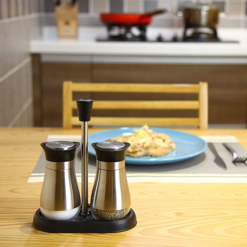 [Australia - AusPower] - Evelyne 2-Piece Set Salt & Pepper Glass Shaker Stainless Steel Cover with Tray Black 