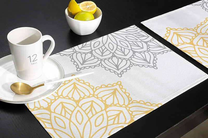[Australia - AusPower] - Elegant Dahlia Flowers Yellow Grey Placemats Set of 6, Cotton Linen Heat Resistant Table Mats Non-Slip Washable Placemat for Holiday Banquet Dining Kitchen Table Decor Floral-095ase6657 