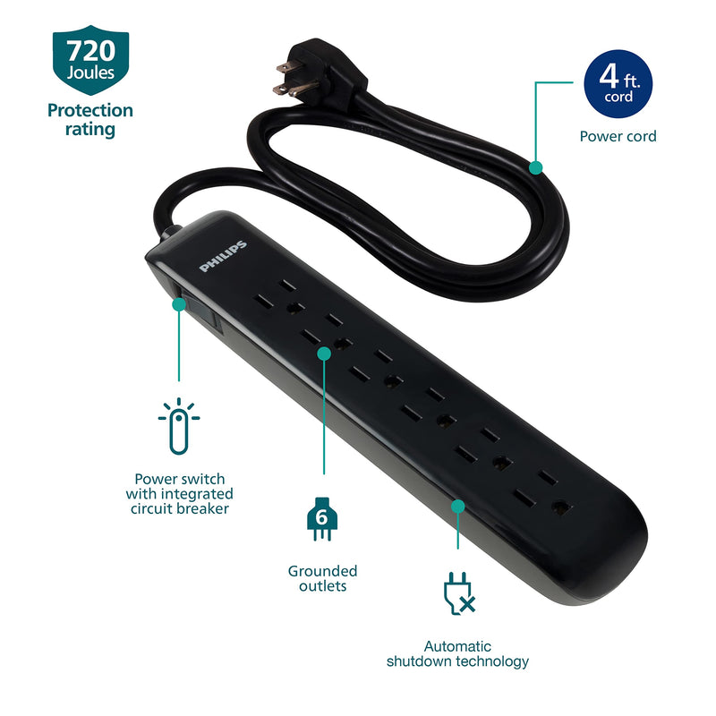 [Australia - AusPower] - Philips 6-Outlet Surge Protector, 4 Ft Cord, Black, SPP3064BE/37 