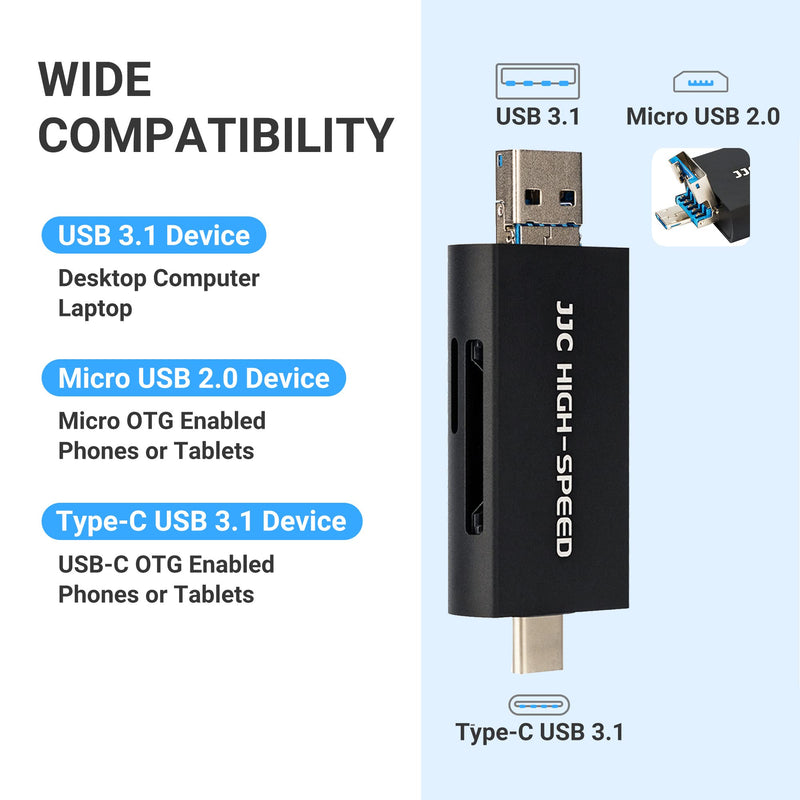 [Australia - AusPower] - JJC UHS-II SD Micro SD Card Reader, 3-in-1 USB 3.1 USB-C Type-C 3.1 Micro USB 2.0 Connection Port, High Transfer Speed up to 312MB/s, Compatible with Computer, Laptop, OTG Enable Phone and Tablet USB 3.1 UHS-II Black 