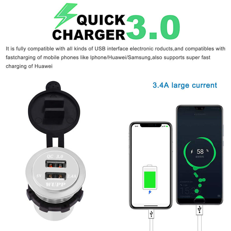 [Australia - AusPower] - BlueFire Upgraded Aluminum Alloy Fast Charging 3.0 USB Charger Socket IP66 Waterproof Dual USB Power Outlet with QC 3.0 USB Port & 5V 2.4A Port Led Light for Car Boat Marine Rv Motorcycle (Silver) Silver 
