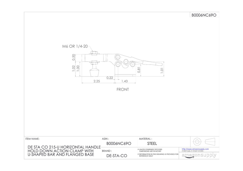 [Australia - AusPower] - DE STA CO 215-U Horizontal Handle Hold Down Action Clamp with U-Shaped Bar and Flanged Base 