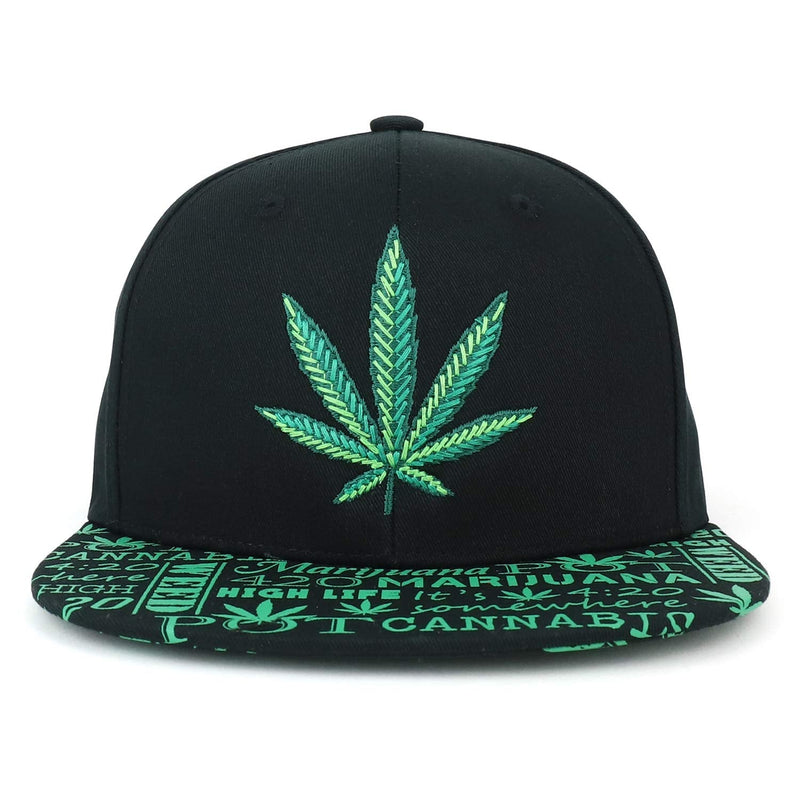 [Australia - AusPower] - Trendy Apparel Shop Rasta Marijuana Leaf Weed 3D Embroidered Flat Bill Snapback Cap One Size Black Green 
