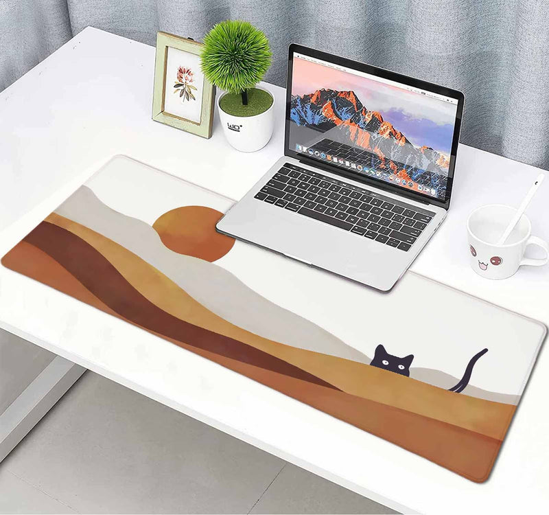 [Australia - AusPower] - Large Gaming Mouse Pad, Desk Pad, Keyboard Mouse Mat Non-Slip Mousepad Rubber Base and Stitched Edges for Laptop Computer Office Desk Accessories, 31.5 X 11.8 Inch, Sunrise Mountain Black Cat 