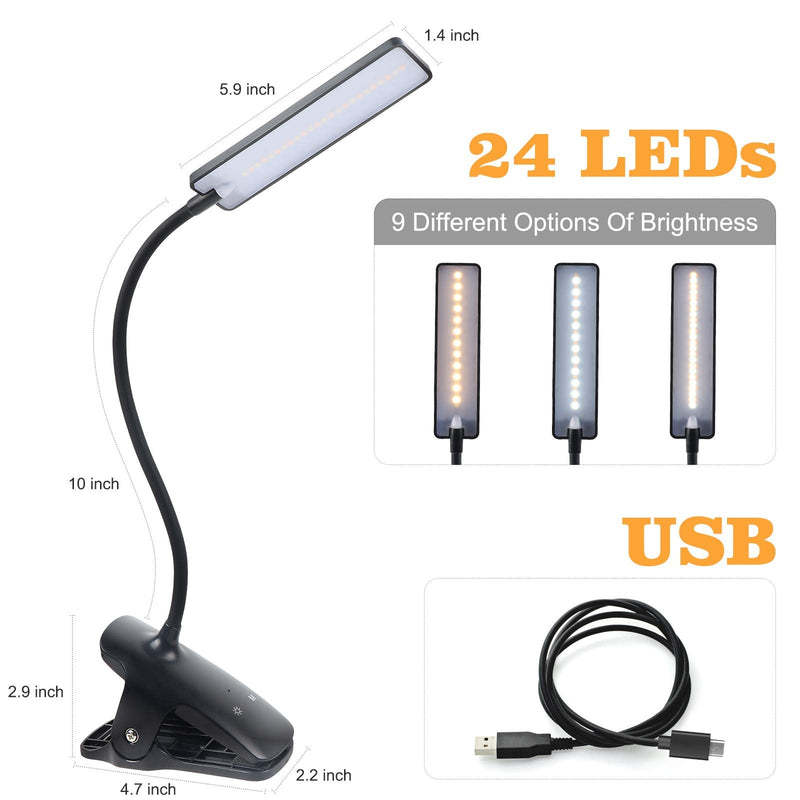 [Australia - AusPower] - LED Reading Light with Clip - Deaunbr USB Rechargeable Book Lights , 24 LEDs Flexible Neck Night Bed Lamp, Touch Control Portable Clamp Desk Lamps for Bed Headboard, Computers -Black Black 