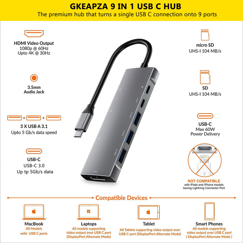 [Australia - AusPower] - USB C Hub Multiport Adapter for iPad Pro MacBook Pro Air M1 2021-2018, 9-in-1 USB C 4K HDMI Adapter with 3.5mm Audio Jack,3xUSB3.0,SD/Micro SD Card Reader,60W USB C Charging,USB-C 3.0 Data 
