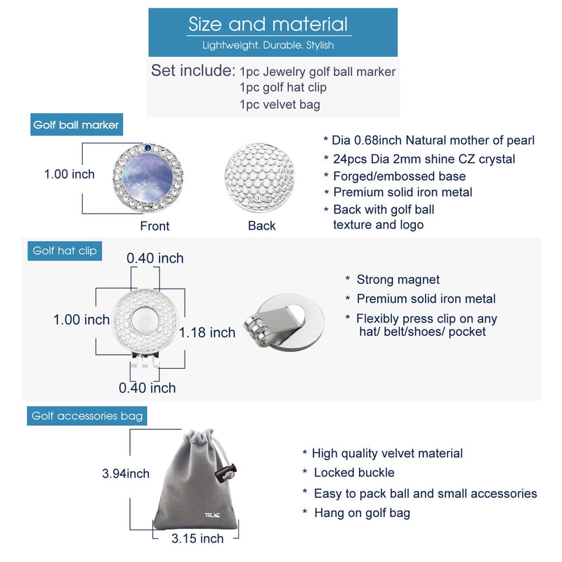 [Australia - AusPower] - E TRUEE Golf Ball Marker Hat Clip with Natural Mother of Pearl and Premium Crystal Golf Marker, Best Golf Gifts and Golf Accessories for Women blue pearl with blue crystal (silver clip) 