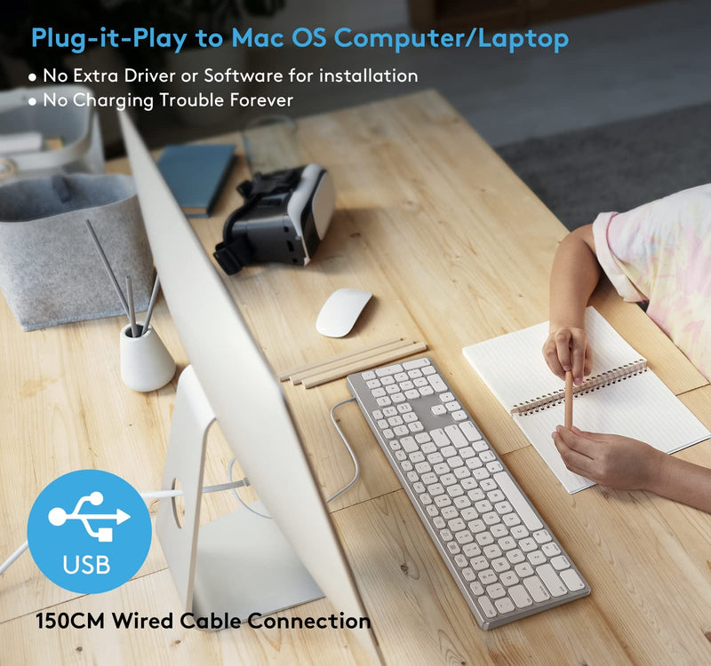 [Australia - AusPower] - Wired Keyboard for Apple Mac OS, All-Aluminum Frame, Plug-N-Play Cable Connection, Desktop USB Keyboard with Numeric Keypad Compatible with iMac Computer or MacBook Laptop by Yivandi -White 