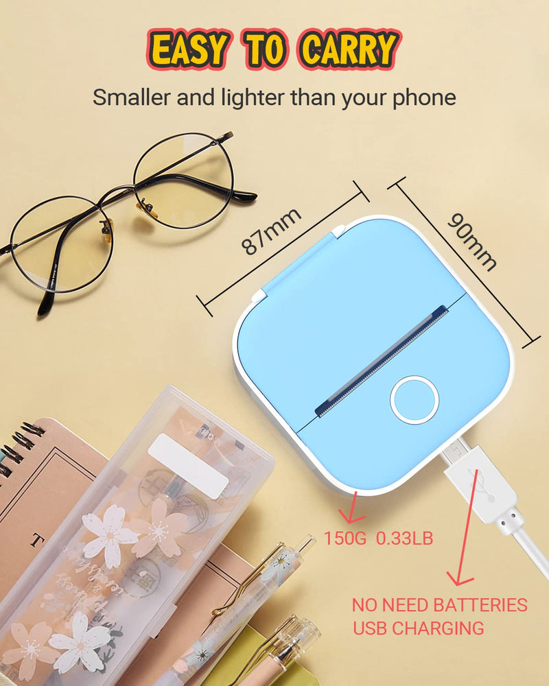 [Australia - AusPower] - Odaro T02 Inkless Mini Thermal Pocket Printer, Bluetooth Wireless Mobile Small Printer, Portable Sticker Printer for Memo, Notes, Photos, Journal, Gift for Kid, Blue with 1 Roll White Label Paper 