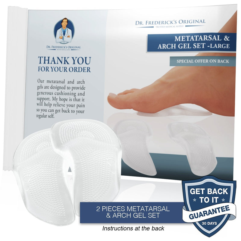 [Australia - AusPower] - Dr. Frederick's Original Self-Adhesive Metatarsal and Arch Support Insole Gel Pads - 2 Pieces - Generous Ball of Foot Cushions for Arch Support, Plantar Fasciitis & More - Large - W8.5-11.5 | M7.5-11 Large (Pack of 2) 