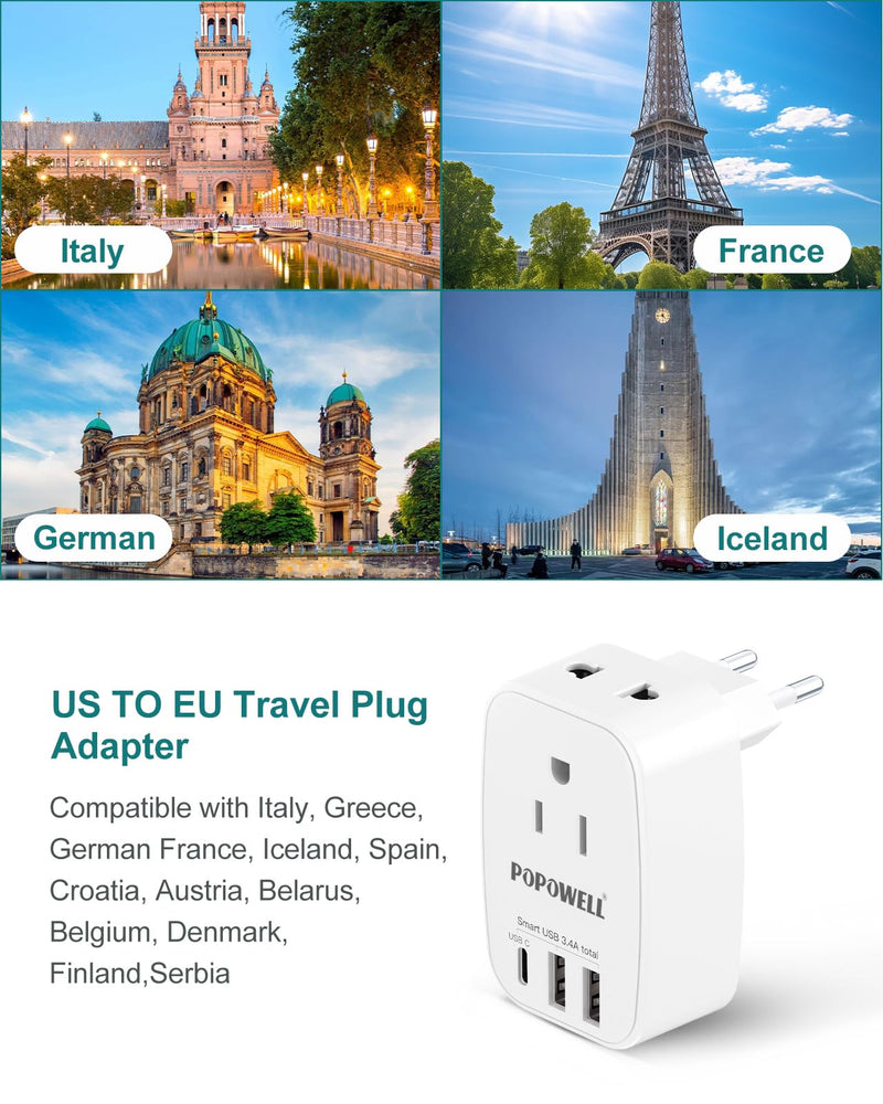 [Australia - AusPower] - 2 Pack European Travel Plug Adapter USB- International Plug Adapter with 2 Outlets 3 USB Charger(1 USB C), Type C Travel Adapter Worldwide for US to Spain Italy France Greece Iceland Germany. 