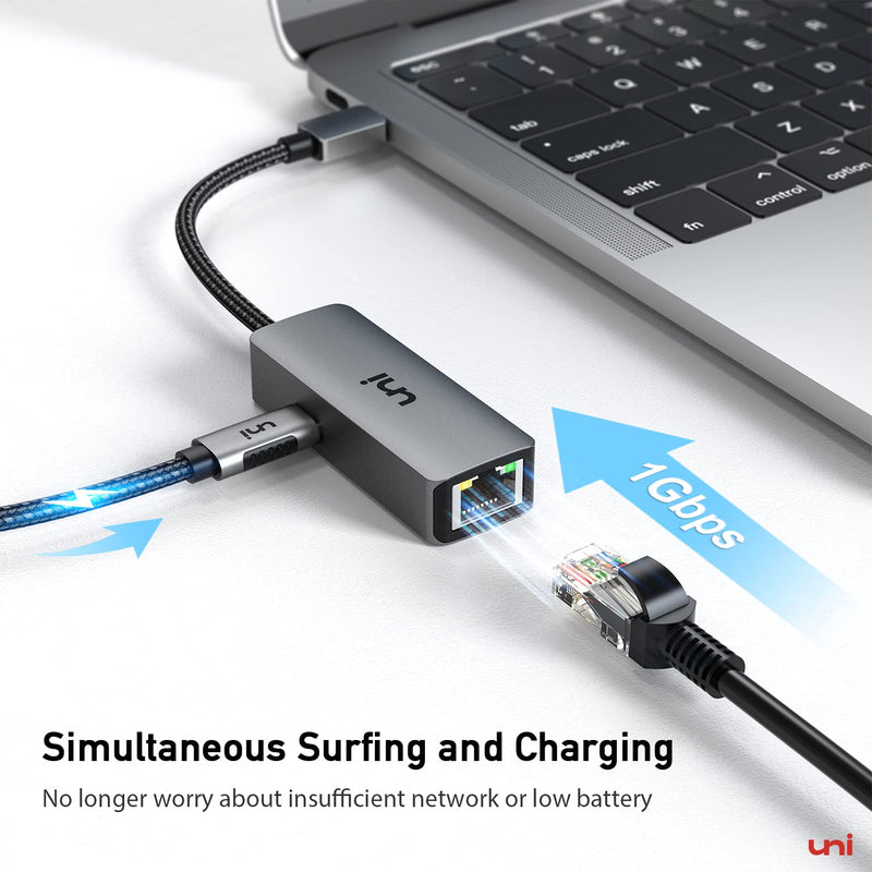 [Australia - AusPower] - uni USB C to Ethernet Adapter with 100W Charging Port, 1Gbps Ethernet to USB C - Gigabit RJ45 LAN Network Adapter with Power Delivery, Ethernet Adapter for Laptop, MacBook Pro/Air, Dell XPS 