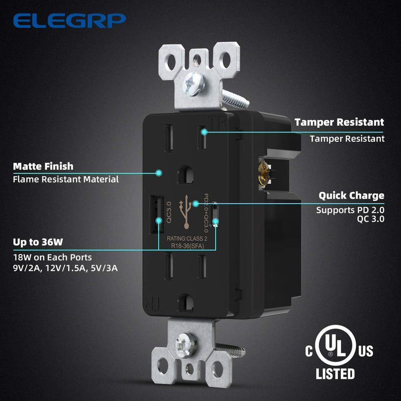 [Australia - AusPower] - ELEGRP 36W QC 3.0 PD 2.0 USB Wall Outlet, Type A & Type C Power Delivery and Quick Charge for iPhone/iPad/Samsung/LG/HTC/Android Devices, 15 Amp USB Receptacle, UL Listed, w/Wall Plate, 2 Pack, Black 15 Amp Outlet 