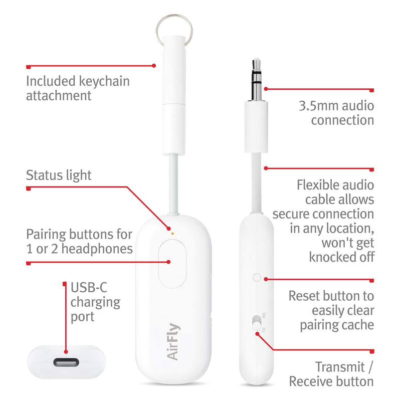 [Australia - AusPower] - Twelve South AirFly Pro | Wireless Transmitter/Receiver with Audio Sharing for up to 2 AirPods/Wireless Headphones to Any Audio Jack for use on Airplanes, Boats or in Gym, Home, auto Receiver 