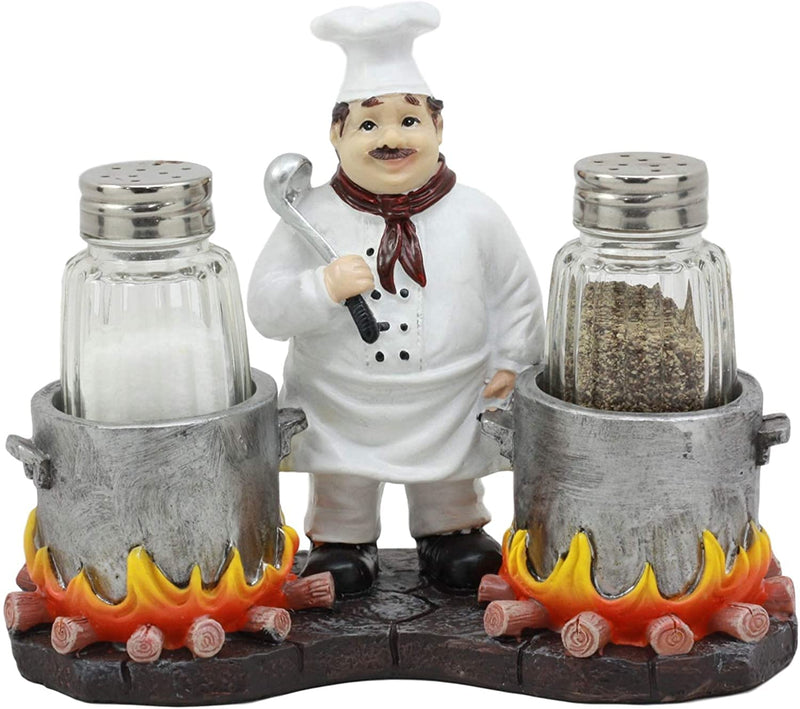 [Australia - AusPower] - Ebros Bouillon French Chef Jean With Flaming Double Cauldron Pots Salt And Pepper Shakers Holder Figurine For Kitchen Dining Table Hosting Spice Rack Accessories Gift Ideas For Women Men Chefs Cooks 
