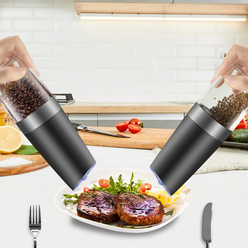 [Australia - AusPower] - MOVNO Gravity Electric Salt and Pepper Grinder Set of 2 with Blue LED Light, Battery Powered Pepper Automatic Mill Grinder with a Brush, Adjustable Coarseness, One Hand Operation, Black 2 pack 